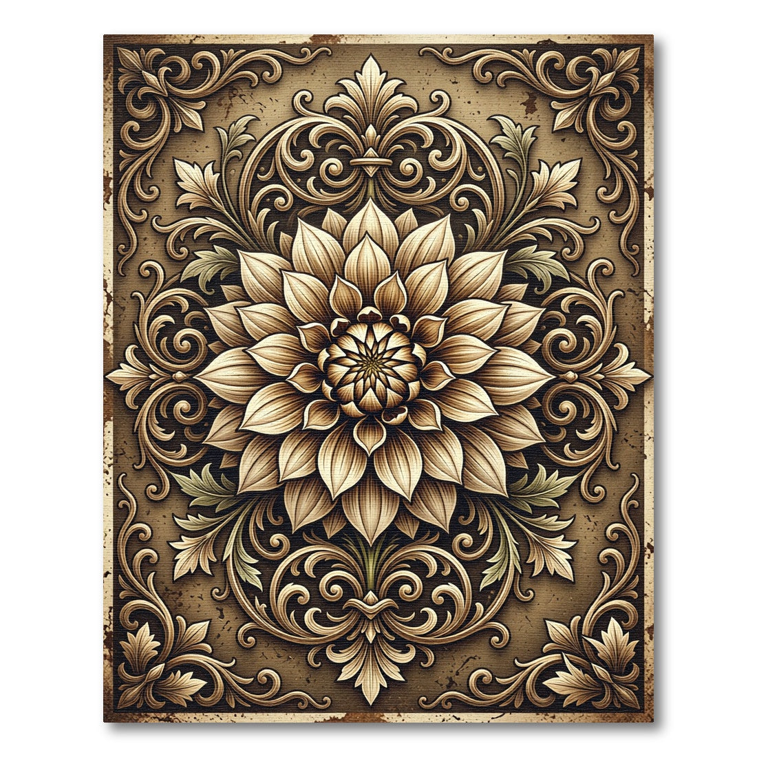 Antique Golden Ornate Floral Scroll Rug