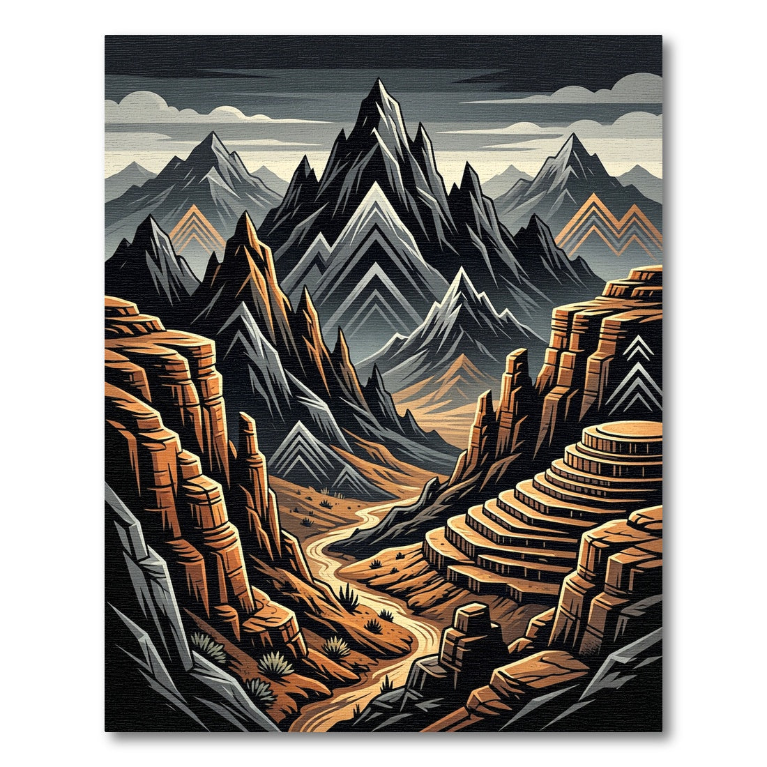 Earthy Canyon Scene Jagged Peaks Rug