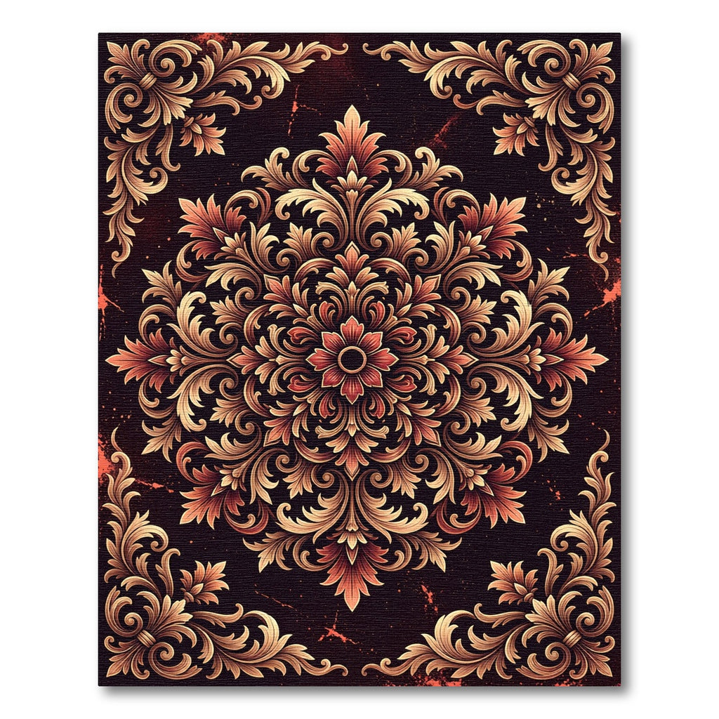 Ornate Gold Floral Damask Medallion Rug