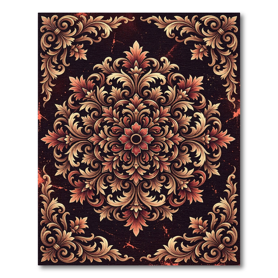 Ornate Gold Floral Damask Medallion Rug