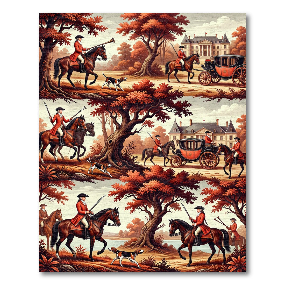 Hunting Scene Horse Carriage Autumn Foliage Rug