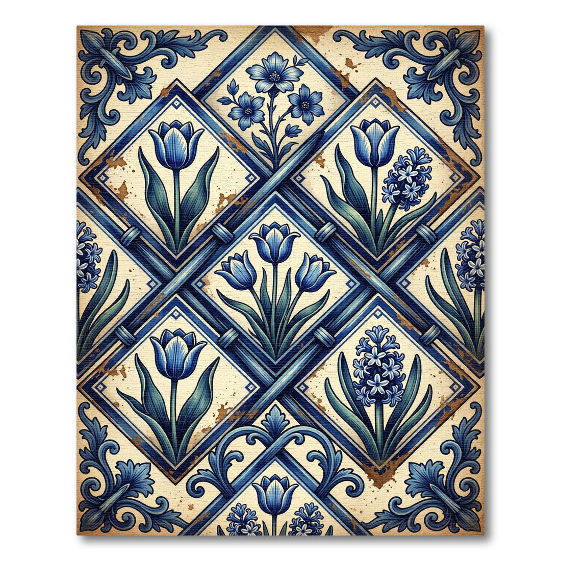 Vintage Blue Floral Diamond Arrangement Rug