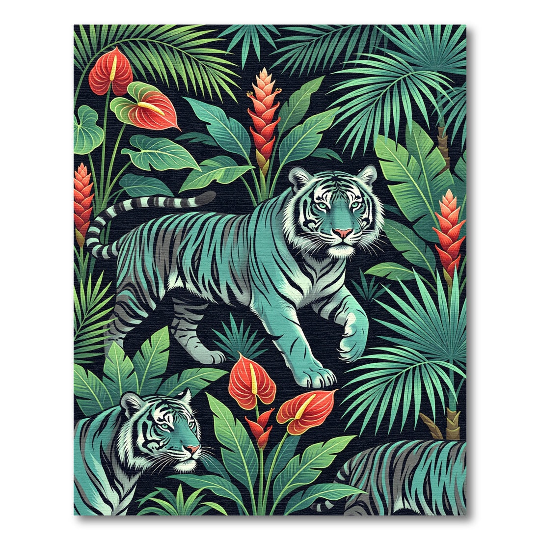 Turquoise Tigers Lush Jungle Foliage Rug