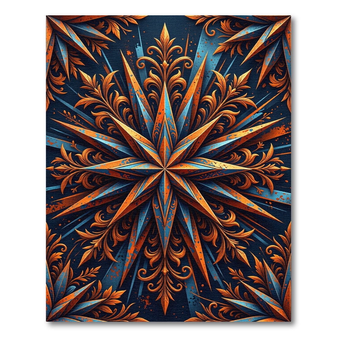 Deep Blue Orange Starburst Foliage Rug