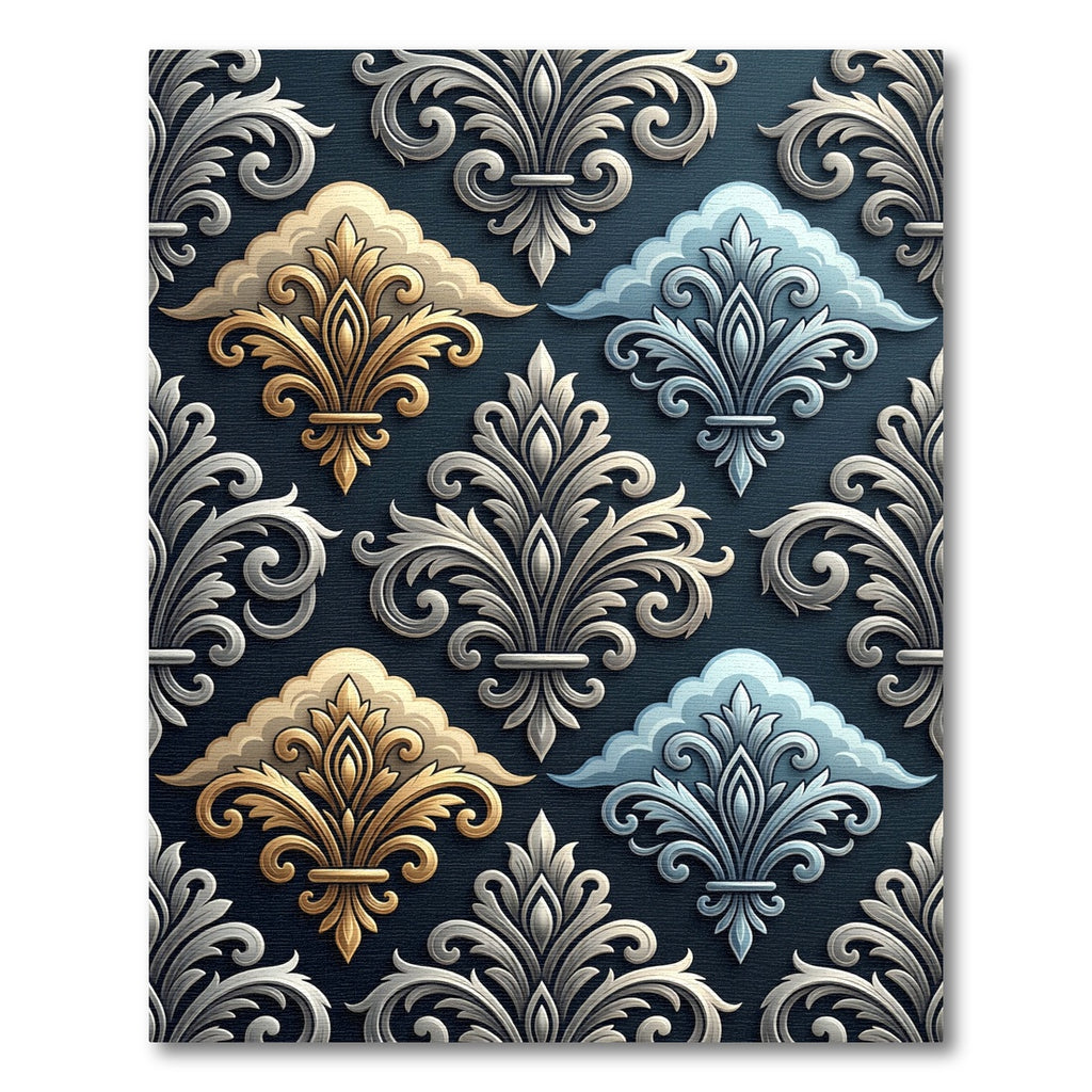 Elegant Gold Silver Ornate Damask Scroll Rug