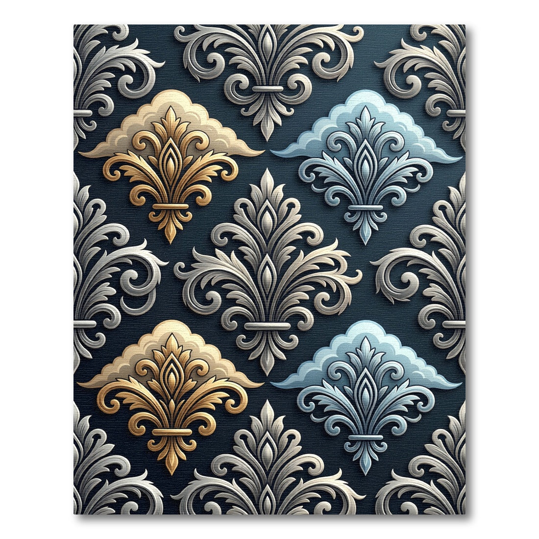Elegant Gold Silver Ornate Damask Scroll Rug
