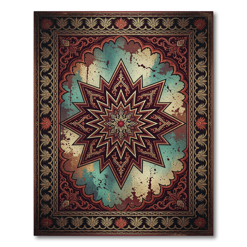 Starry Crimson Teal Ornate Geometric Medallion Rug