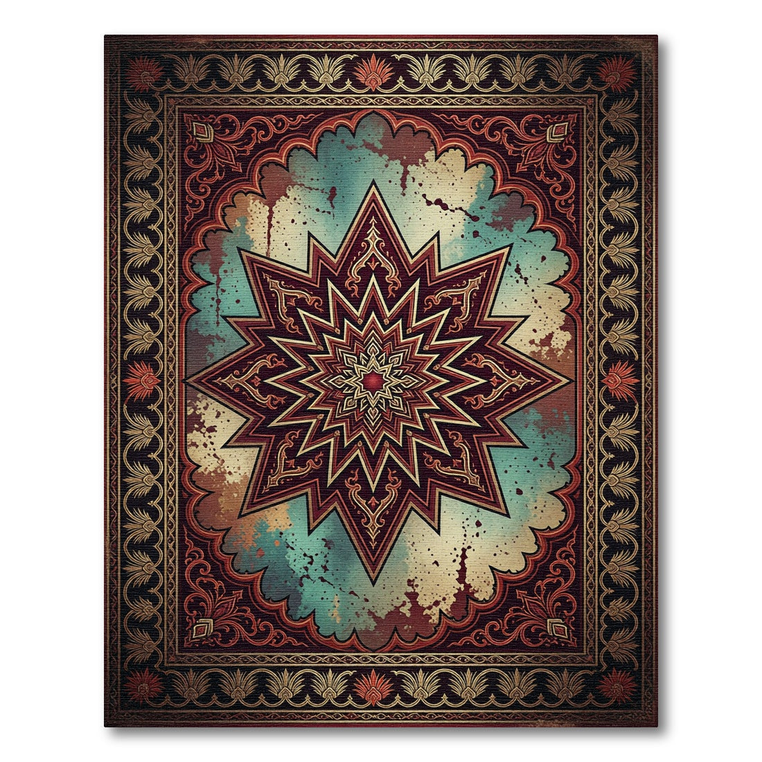 Starry Crimson Teal Ornate Geometric Medallion Rug