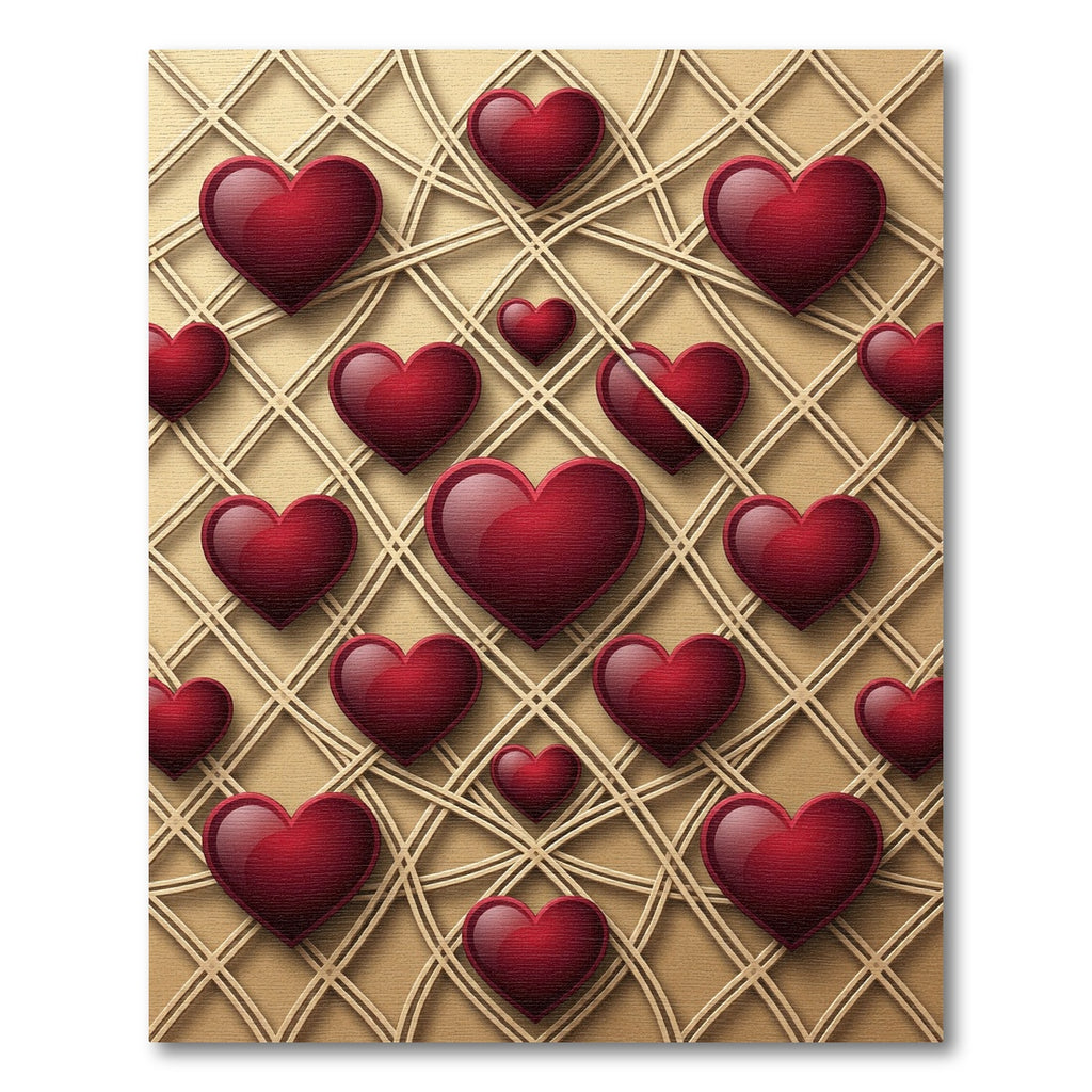 Deep Red Hearts Golden Grid Overlay Rug