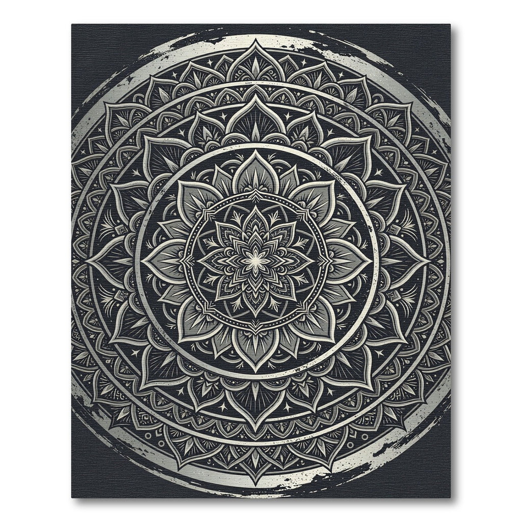 Monochrome Silver Circular Mandala Medallion Rug
