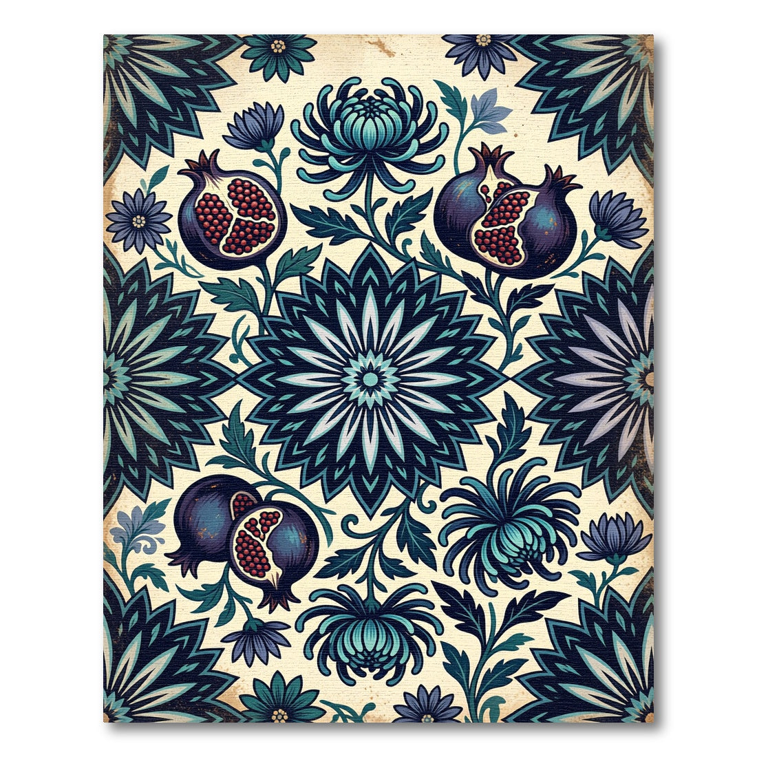 Midnight Floral Pomegranate Botanical Tapestry Rug