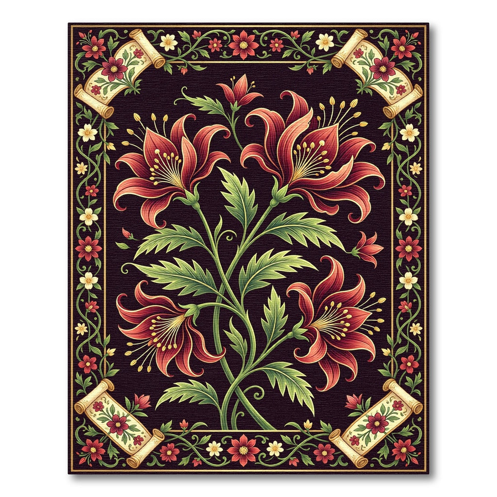 Elegant Deep Crimson Lily Scroll Art Rug