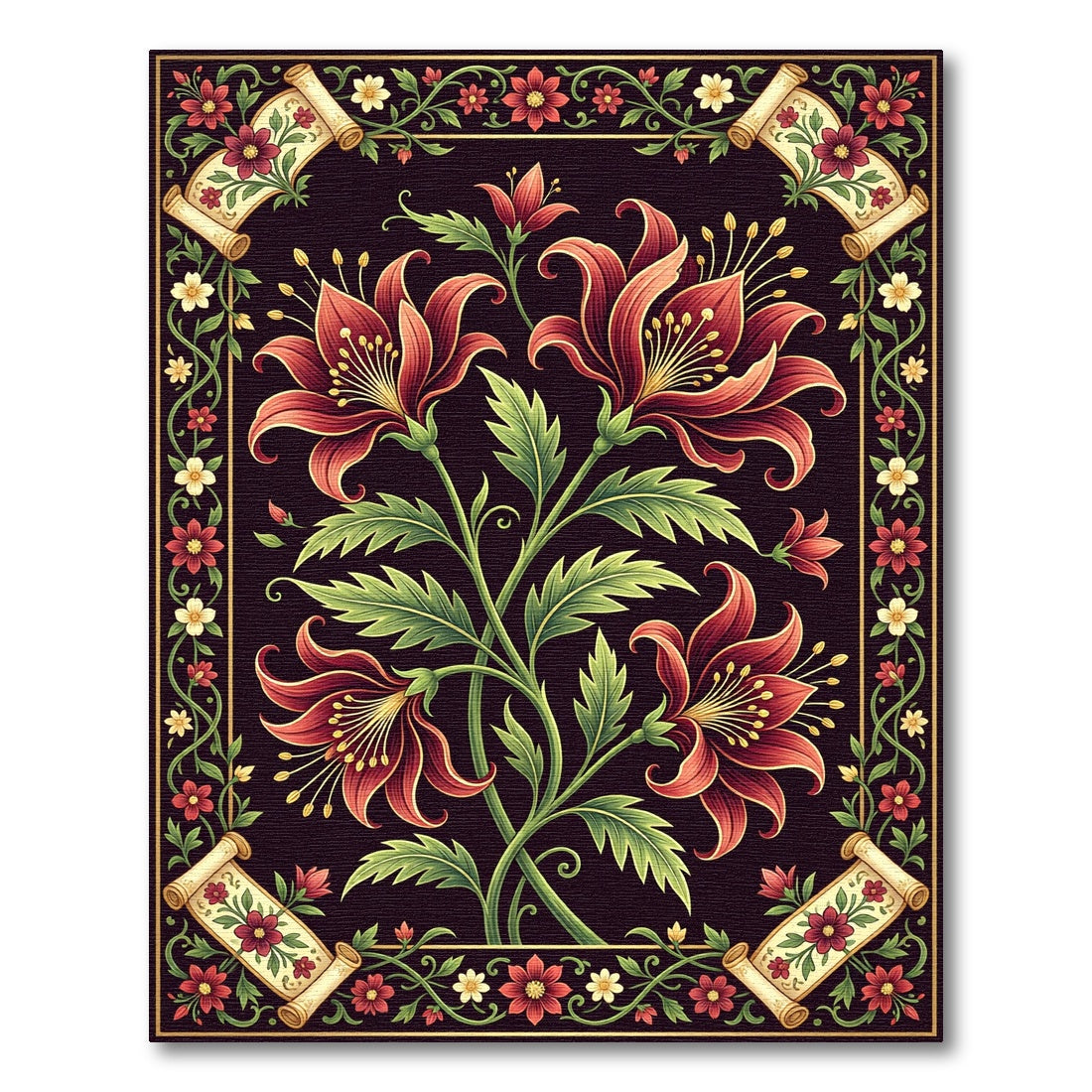 Elegant Deep Crimson Lily Scroll Art Rug
