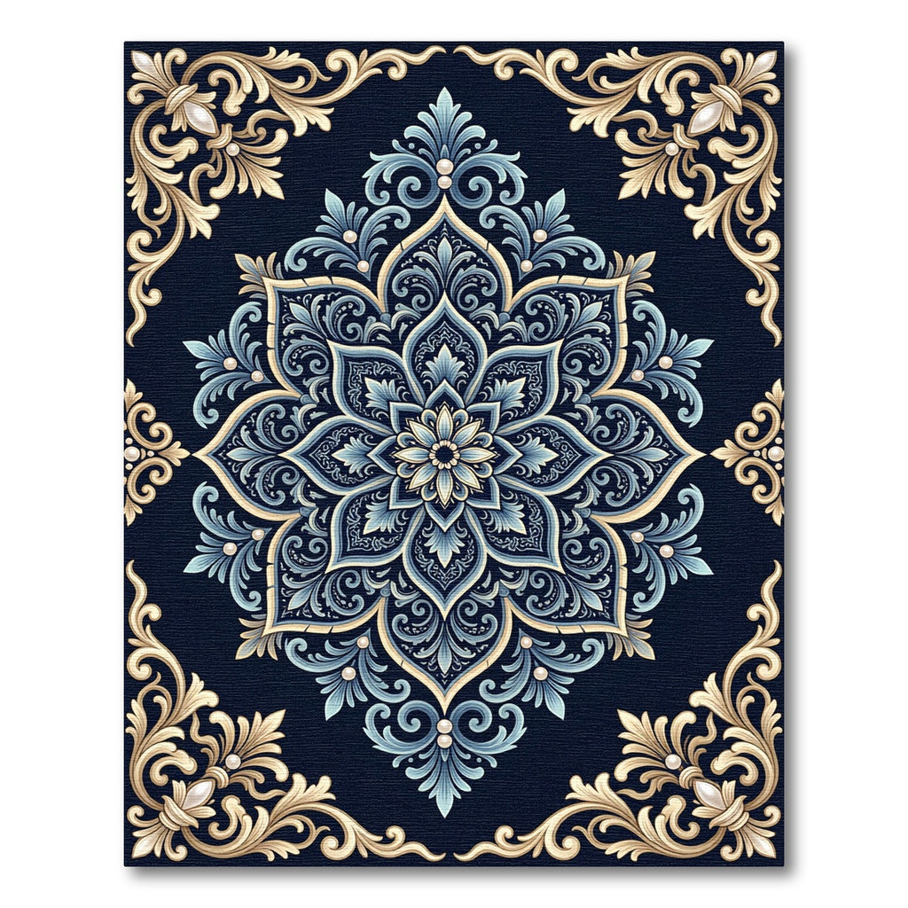 Navy Blue Golden Scroll Medallion Rug