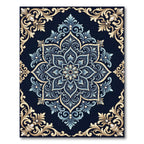 Navy Blue Golden Scroll Medallion Rug