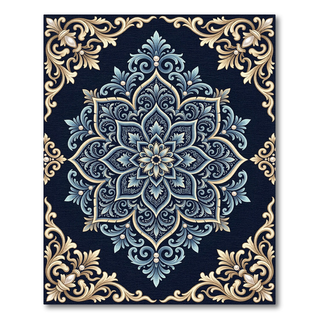Navy Blue Golden Scroll Medallion Rug