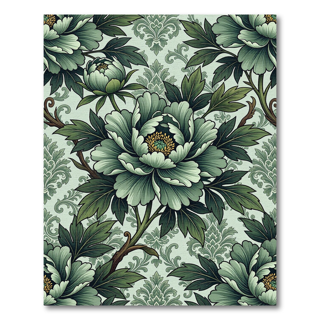 Sage Green Peony Floral Scroll Rug
