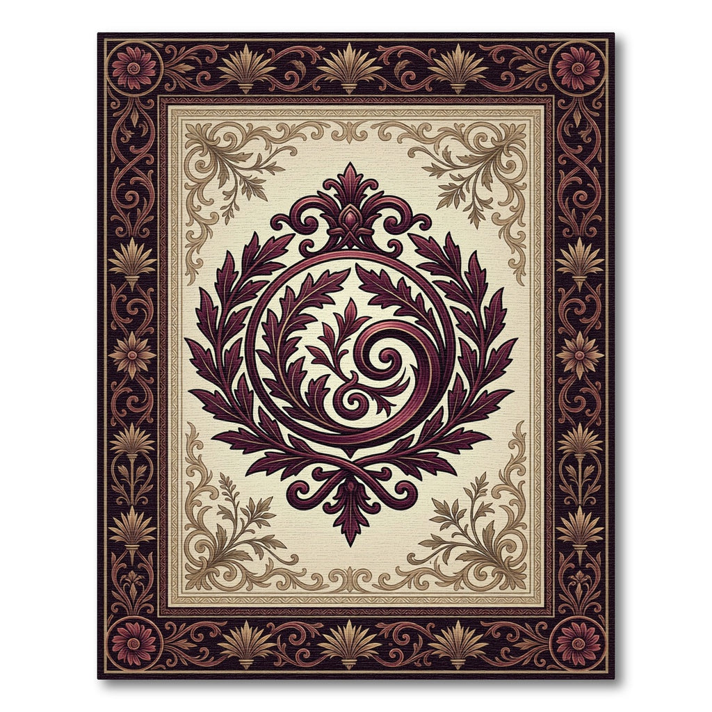 Elegant Burgundy Acanthus Curio Bordered Frame Rug