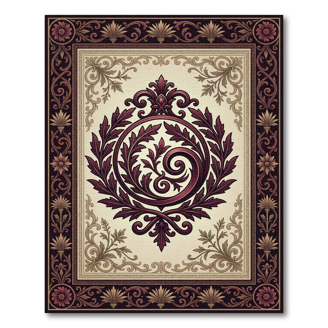 Elegant Burgundy Acanthus Curio Bordered Frame Rug