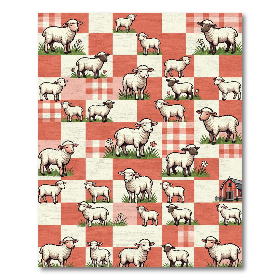 Cute Sheep on Red Gingham Check Rug