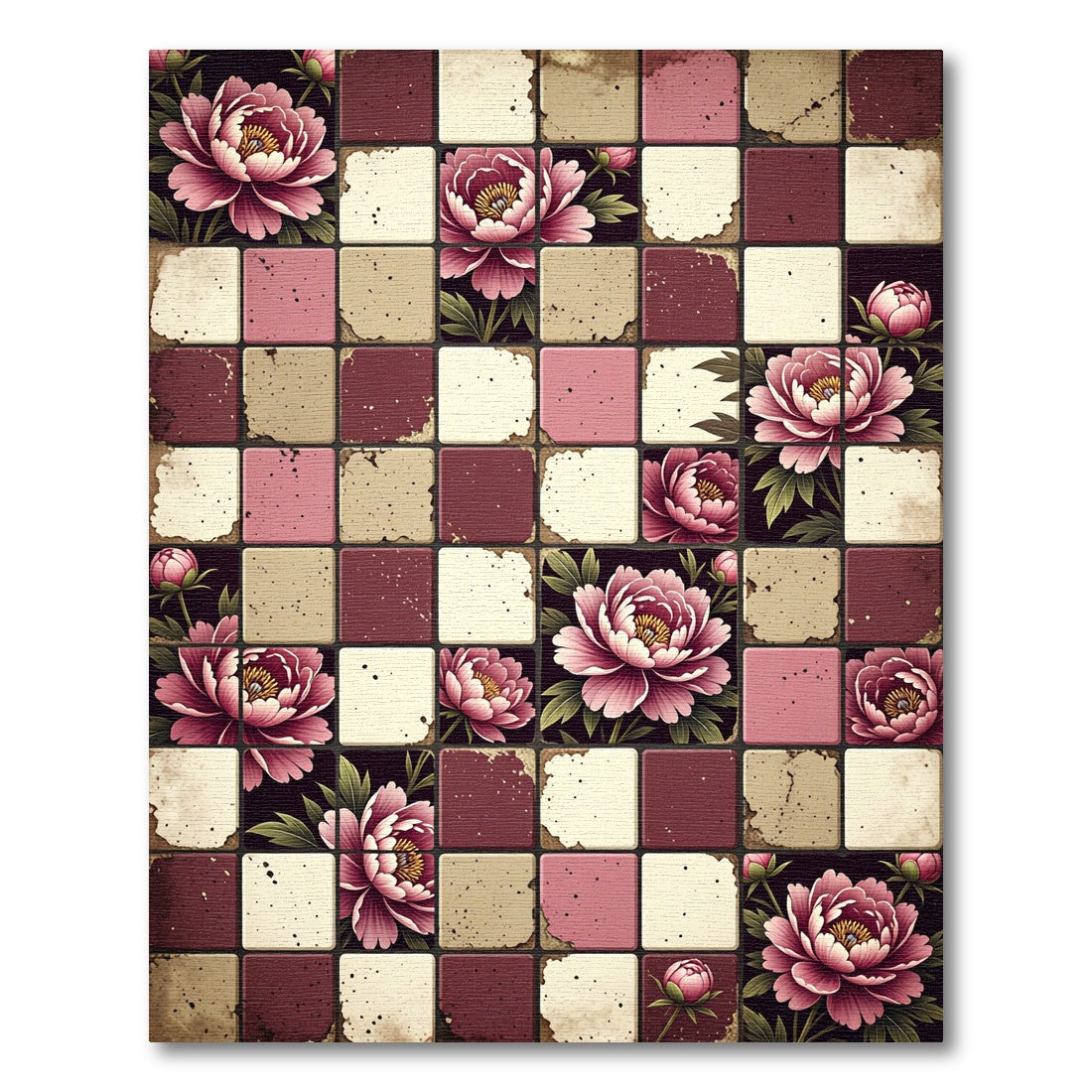 Pink Crimson Peony Tile Arrangement Rug