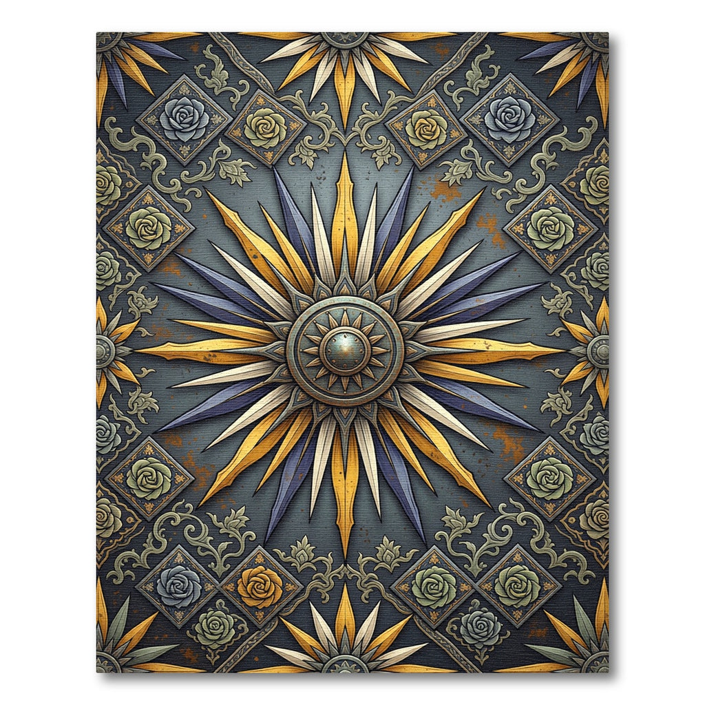 Celestial Gold and Indigo Floral Medallion Rug
