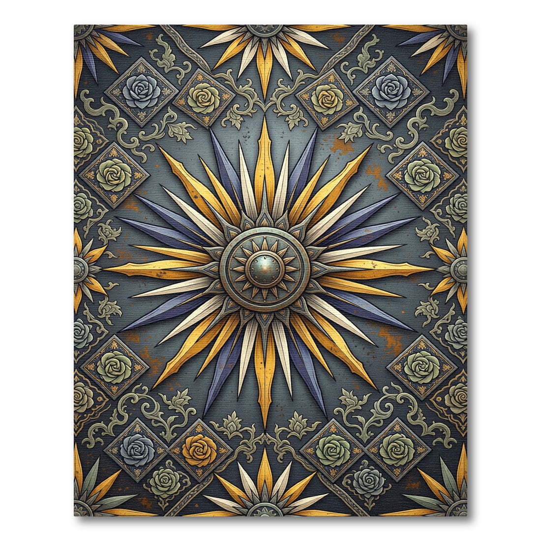 Celestial Gold and Indigo Floral Medallion Rug