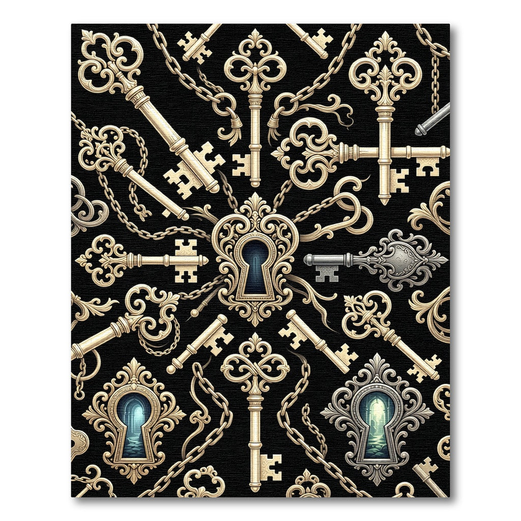 Ornate Golden Skeleton Key Black Backdrop Rug