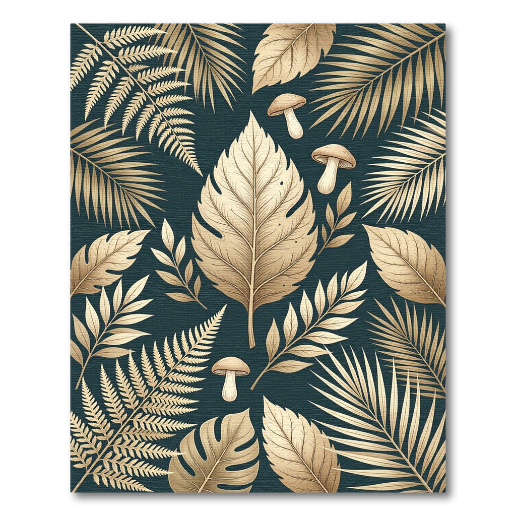 Golden Tropical Leaves and Mushrooms Rug