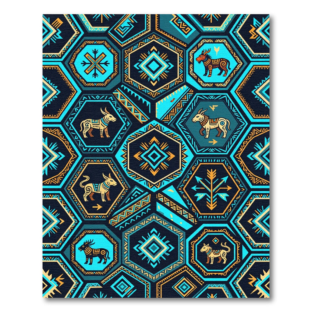 Tribal Hexagon Animals Turquoise Yellow Rug