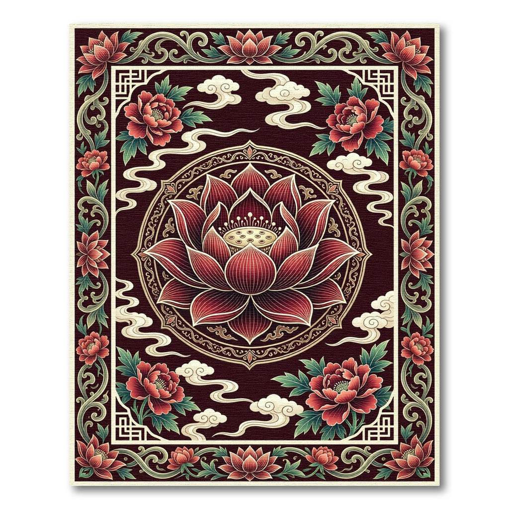 Crimson Lotus Peony Floral Medallion Rug