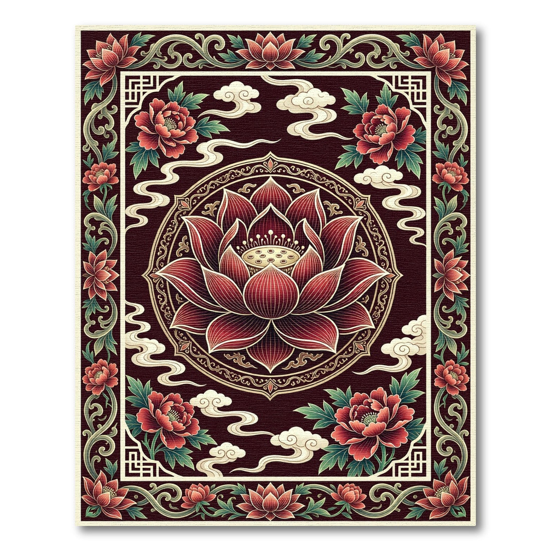 Crimson Lotus Peony Floral Medallion Rug