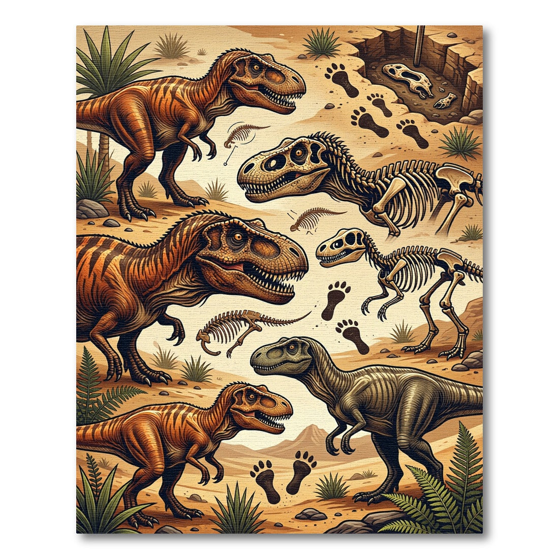 Prehistoric Dinosaur Fossil Earthy Tones Scenery Rug