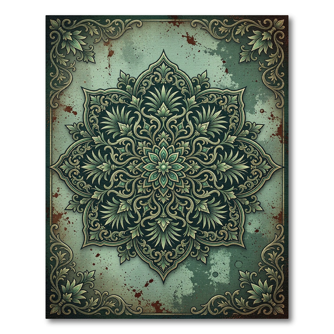 Vintage Sage Botanical Medallion Art Rug