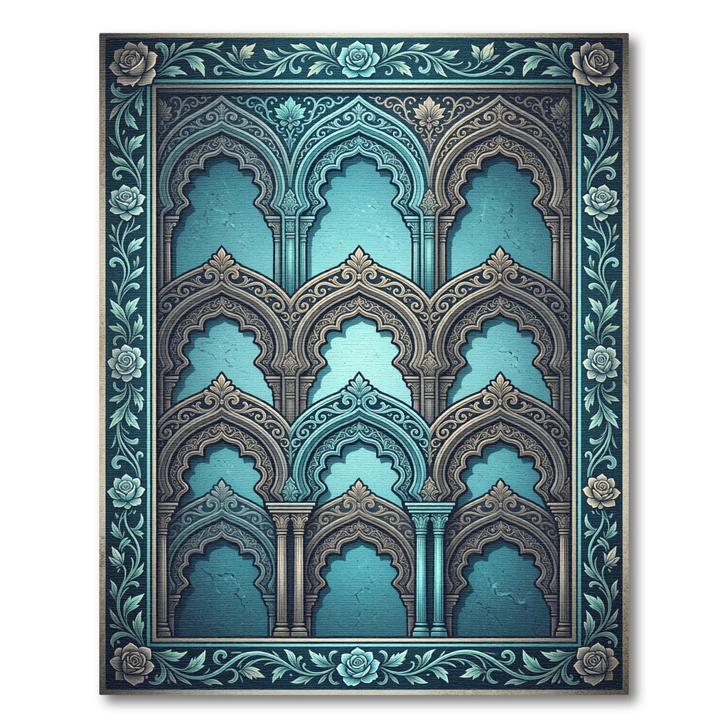 Teal Arched Architectural Floral Border Rug