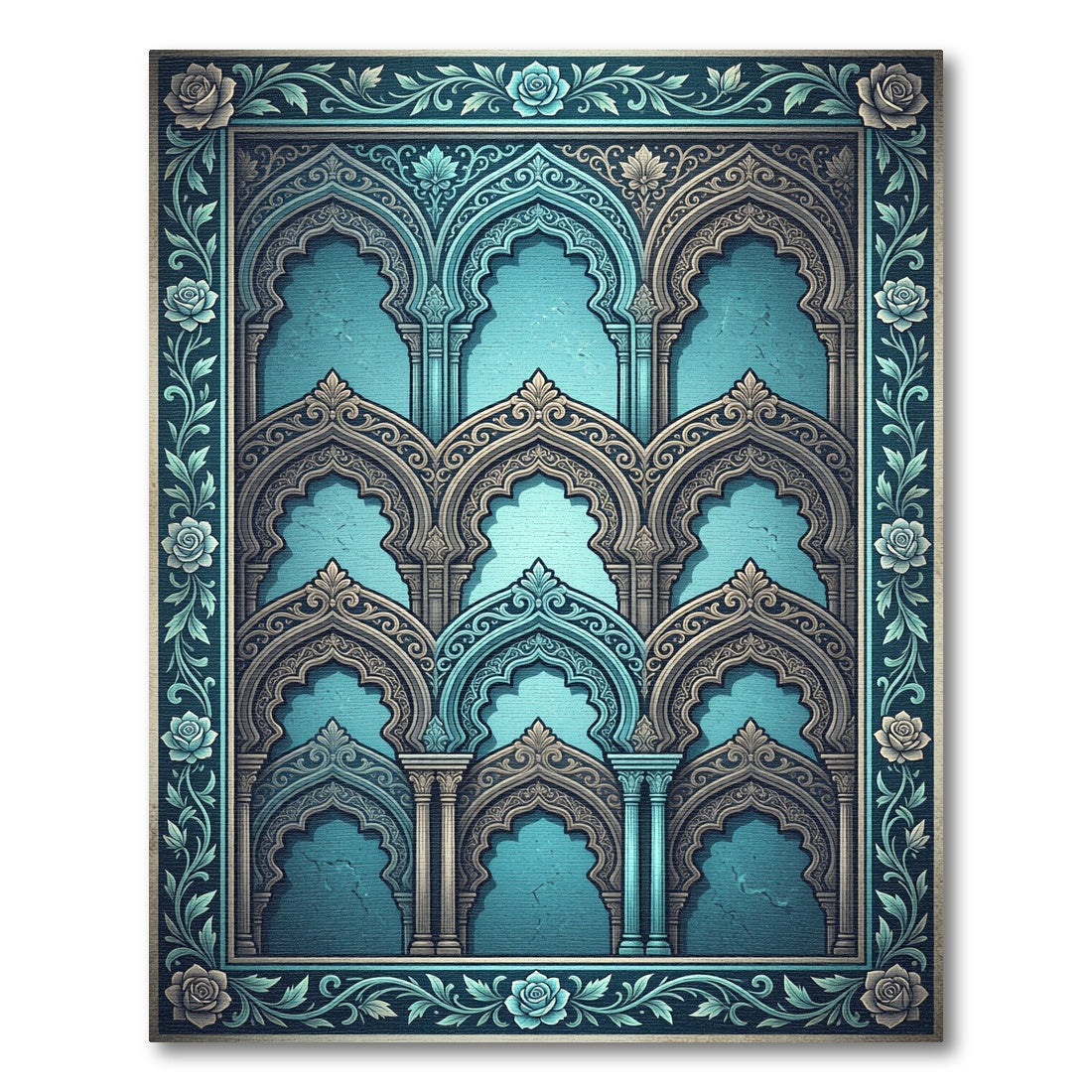 Teal Arched Architectural Floral Border Rug