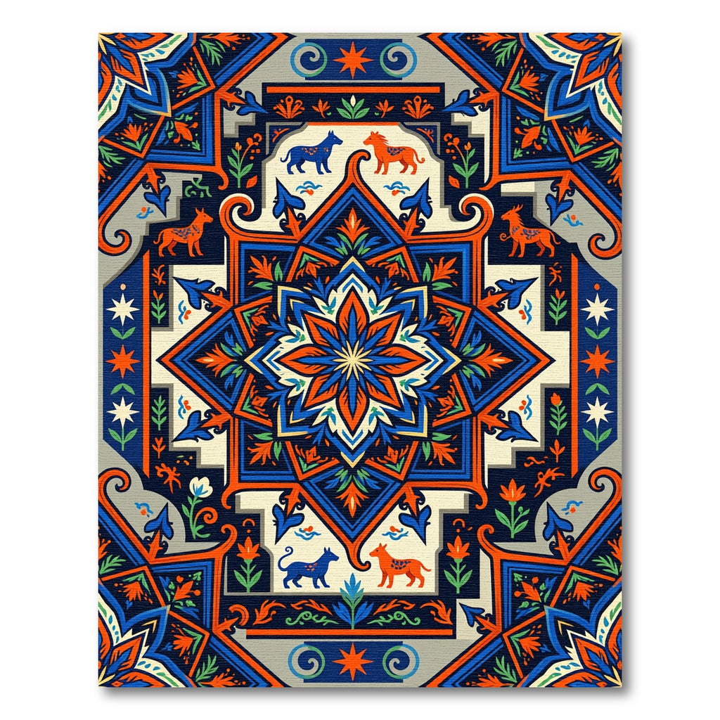 Vibrant Blue and Orange Animal Medallion Rug