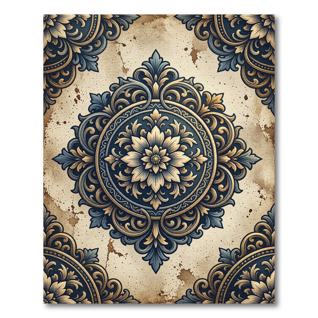 Ornate Dark Blue Golden Floral Medallion Rug