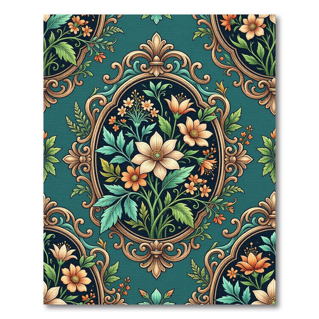 Vintage Teal Floral Ornate Frame Rug
