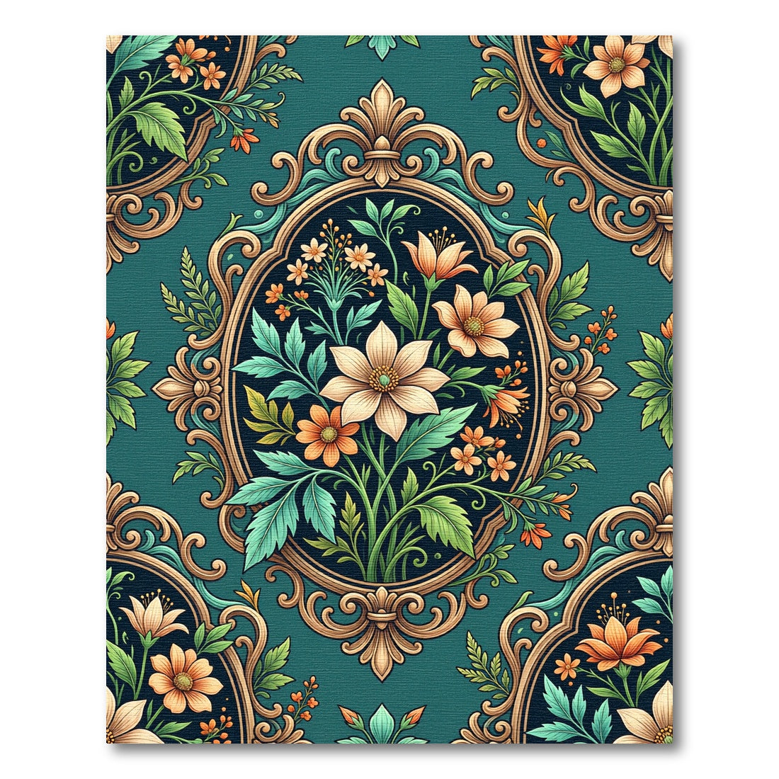 Vintage Teal Floral Ornate Frame Rug