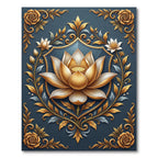 Golden Lotus Shield Navy Floral Art Rug