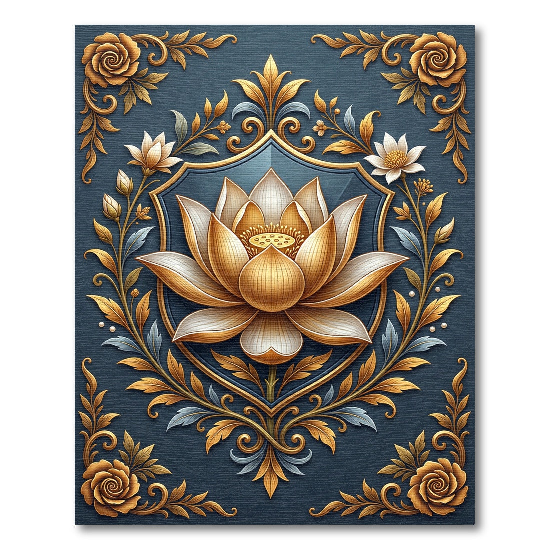 Golden Lotus Shield Navy Floral Art Rug