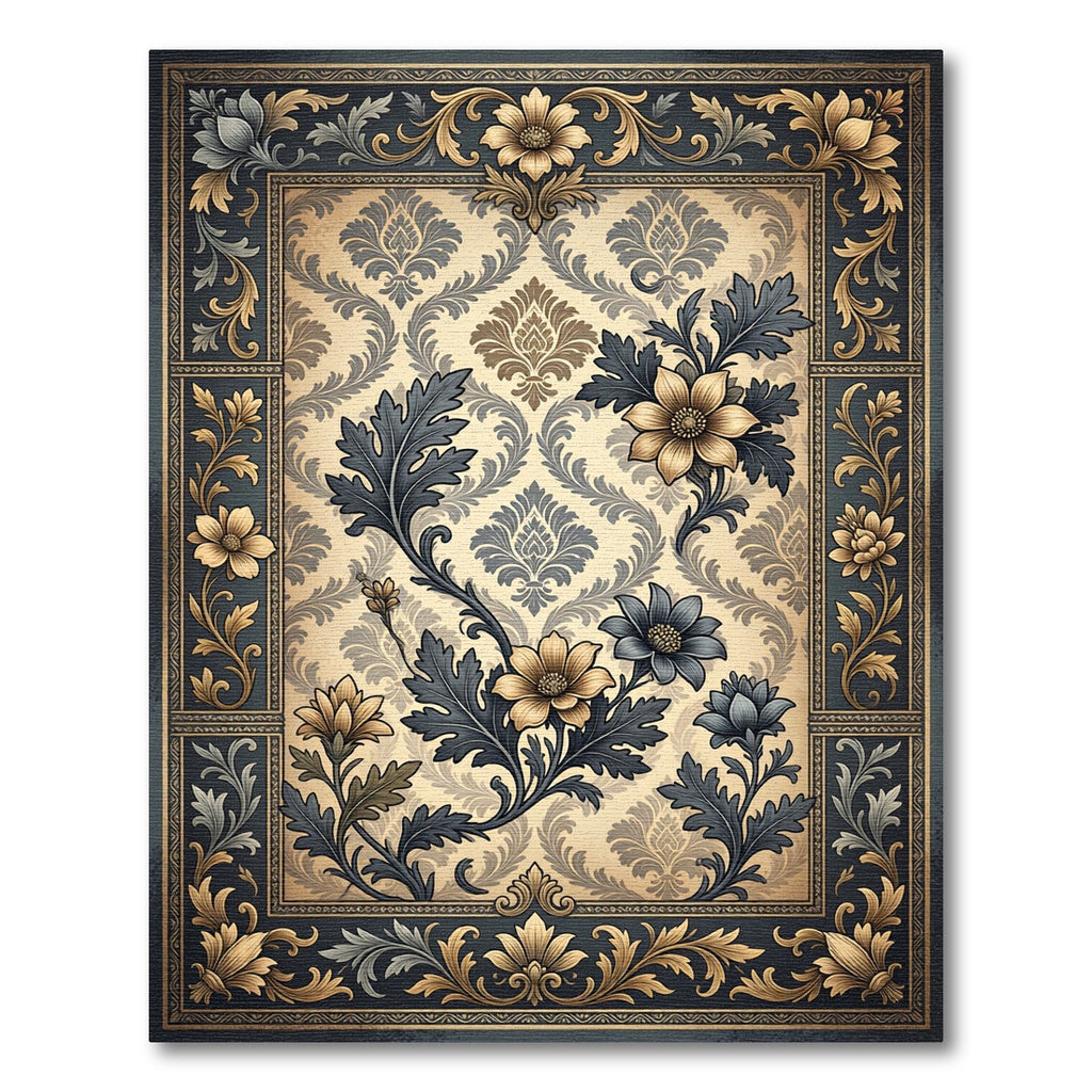 Elegant Gold and Navy Floral Damask Rug