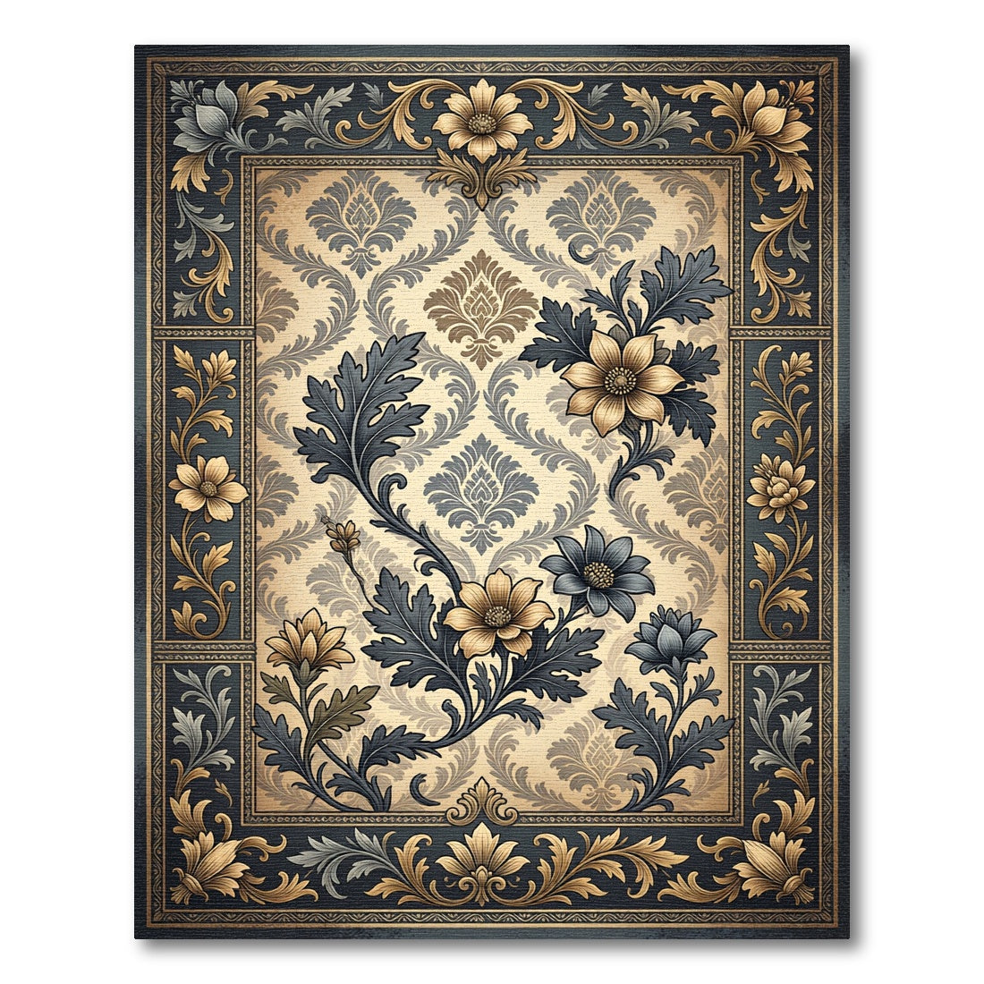 Elegant Gold and Navy Floral Damask Rug