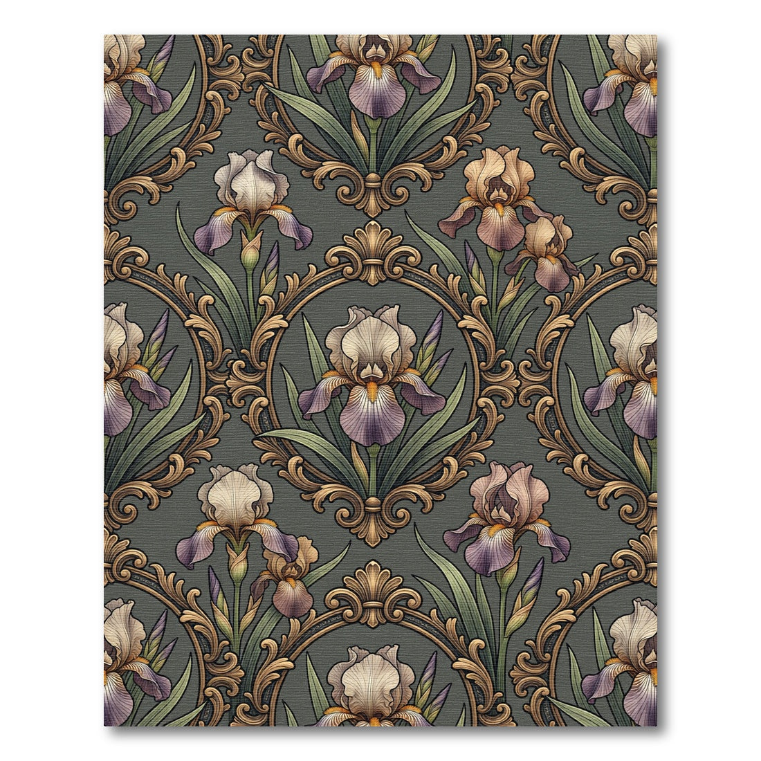 Ornate Gold Iris Filigree Floral Charcoal Rug