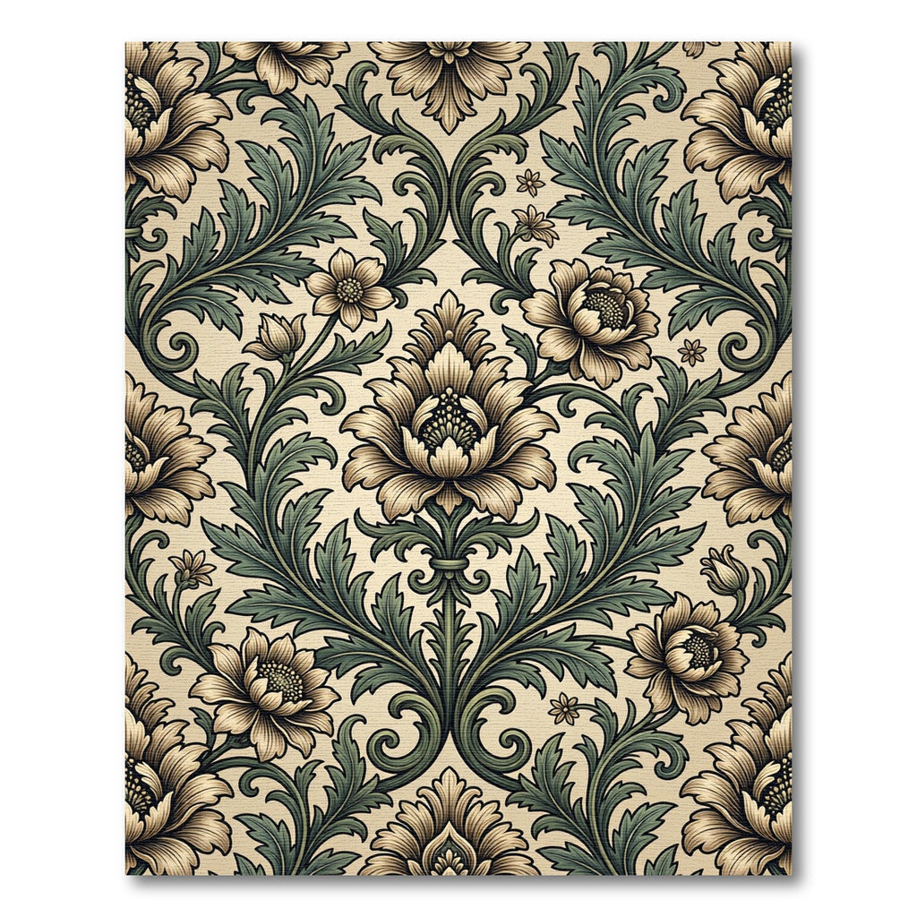 Vintage Cream and Sage Botanical Damask Rug