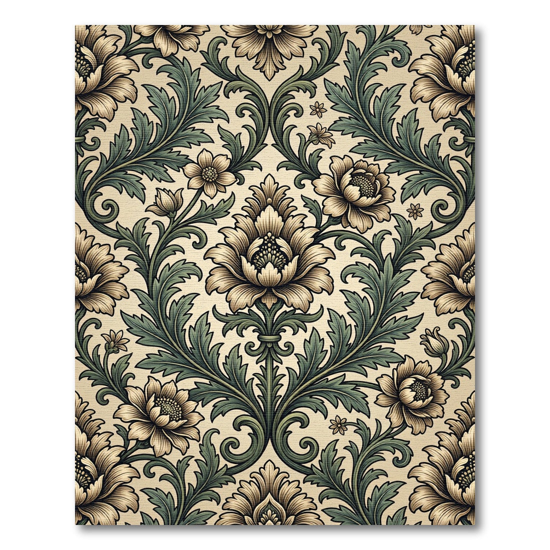 Vintage Cream and Sage Botanical Damask Rug