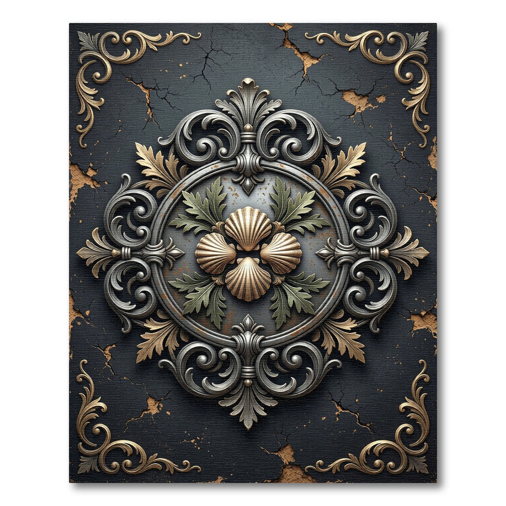 Baroque Shell Medallion Gold Silver Accent Rug
