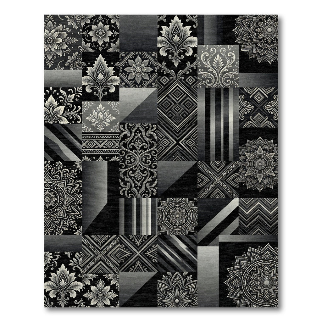 Monochromatic Patchwork Mandala Damask Rug