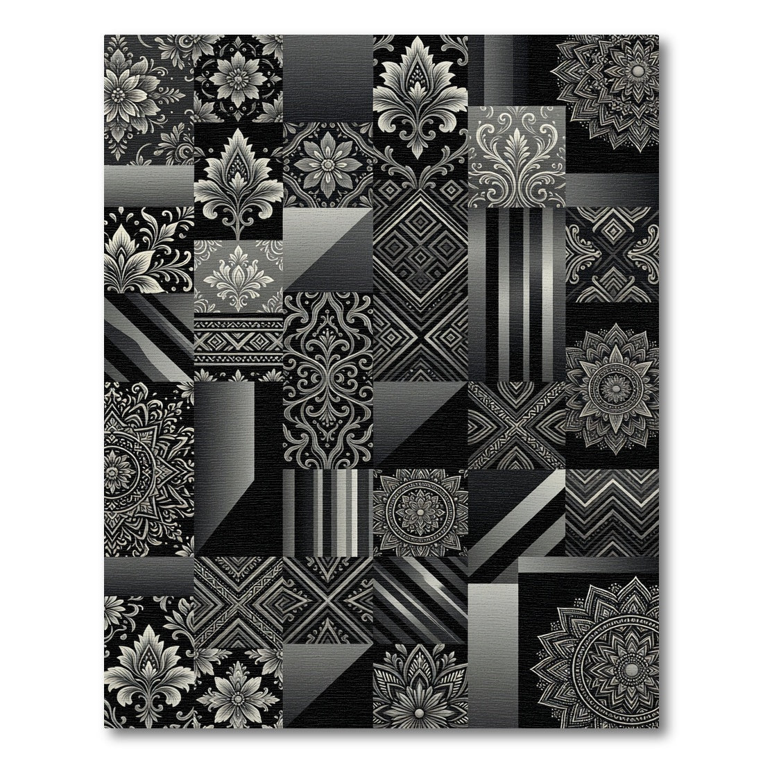 Monochromatic Patchwork Mandala Damask Rug